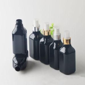 200ml Pet Plastic Longneck Square Shape Black Gold and Silver Cosmetic Mist Spray Bottle