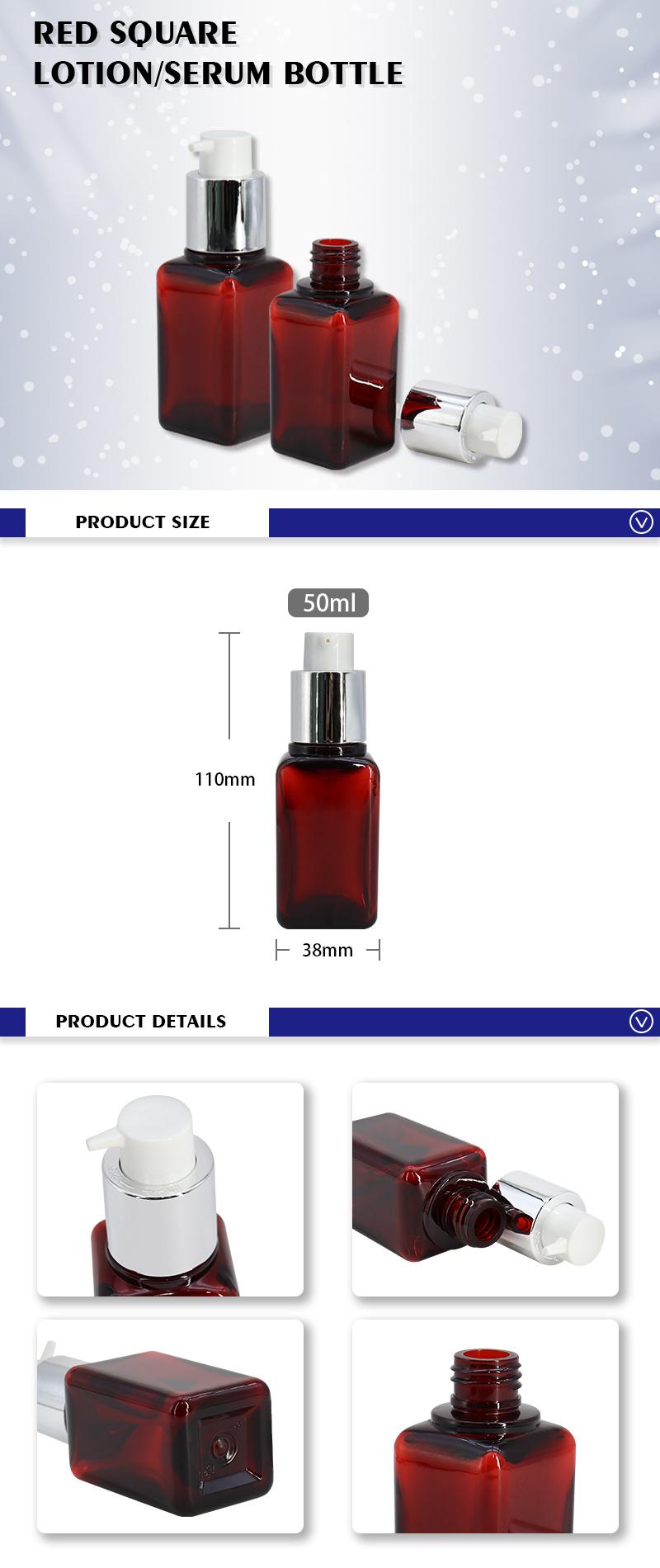 Hot Selling Small PETG Cosmetic Packaging 50ml Square Red Lotion and Serum Bottle