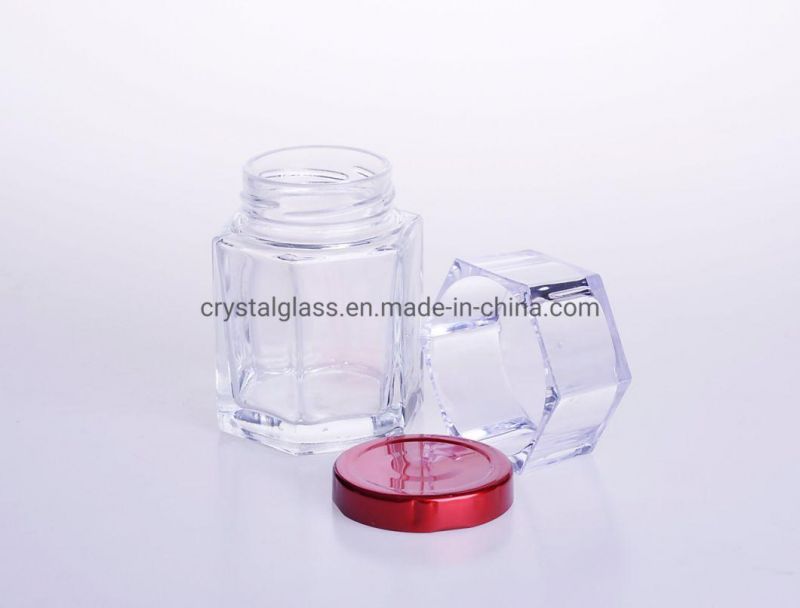 50ml 100ml 150ml 180ml 280ml 360ml 750ml Top Grade Hexagon Glass Honey Jar with Screw Lid and Acrylic Overcap