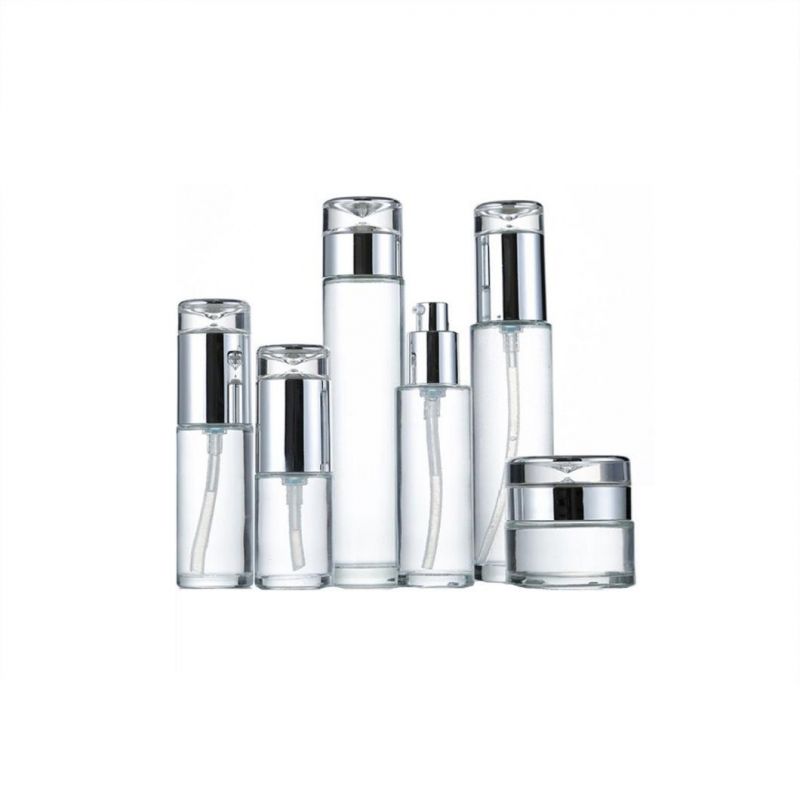 Fancy Cosmetic Packaging Sets Clear Empty Pump Glass Bottles and Jars