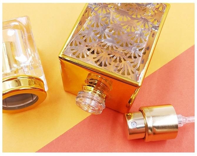 China Wholesale Empty Tranparent 30ml Flint Glassware Square Shape Refillable Perfume Bottle with Gold Stamping Finishing with Spray Atomizer 2022 New Arrive