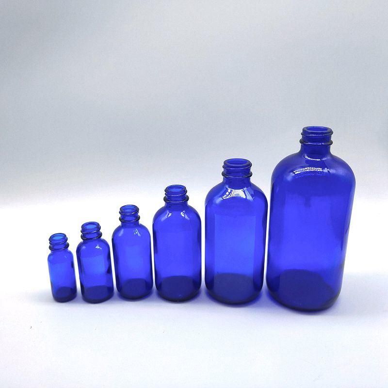 Blue Boston Round Empty Glass Dropper Medicine Cosmetic Bottle with Black Cap