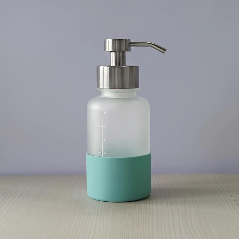 Custom 12oz Frosted Hand Sanitizer Lotion Pump Shampoo Dispenser Soap Glass Bottle with Tick Marks Silicone Sleeve