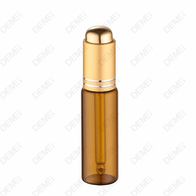 10ml-40ml Wholesale Cosmetic Packaging Stright Round Clear and Amber Serum Essential Oil Tube Glass Bottle with Gold Aluminum Press Button Dropper Cap