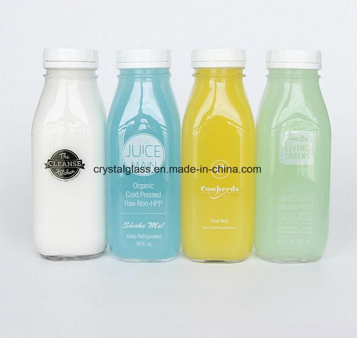 10oz 16oz 500ml Empty Clear French Square Glass Bottle with Child Proof Cap for Milk Tea Drinks