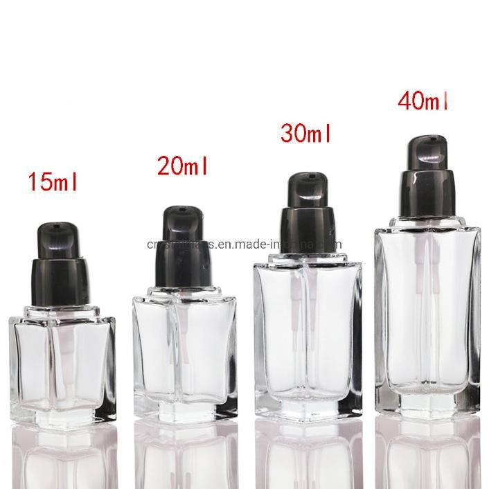 10ml 20ml 30ml 40ml Square Lotion Glass Cosmetic Bottles with Black Caps