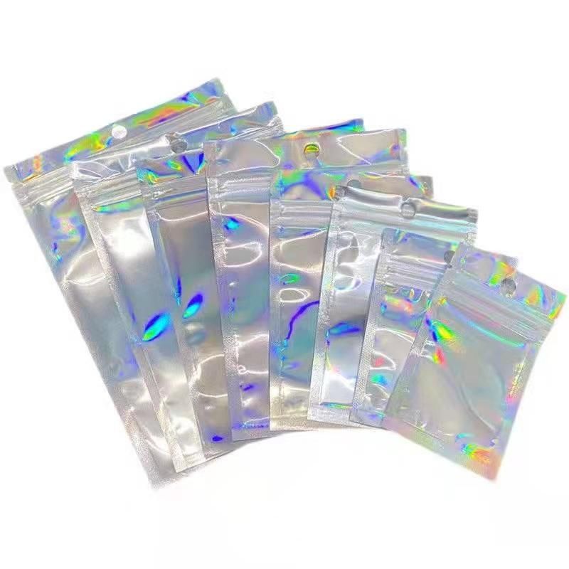 One Side Transparent Holographic Packaging Small Ziplock Mylar Hologram Packing Bags