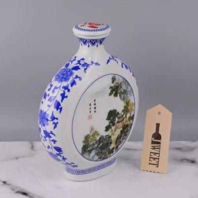 Round Blue and White Porcelain Sake Ceramic Bottle