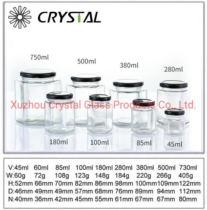 45ml 60ml 85ml 100ml Small Hexagon Glass Jar for Honey Canning Jar
