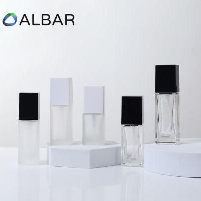 Square Clear Frosted Cosmetics Glass Liquid Foundation Serum Lotion Bottles with Pump