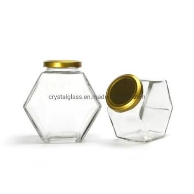 Eco-Friendly Hexagonal Shape Glass Jam Honey Packing Bottle with Black Lid 180ml 280ml 380ml