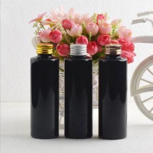 150ml Pet Plastic Flat Shoulder Shiny Black Color Cosmetic Shampoo Bottle with Aluminum Gold and Silver Screw Cap