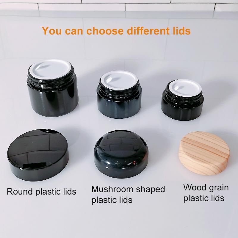 Cosmetic Packaging Container 20g 30g 50g Black Body Scrub Face Body Cream Glass Jar with Wood Grain Plastic Lids