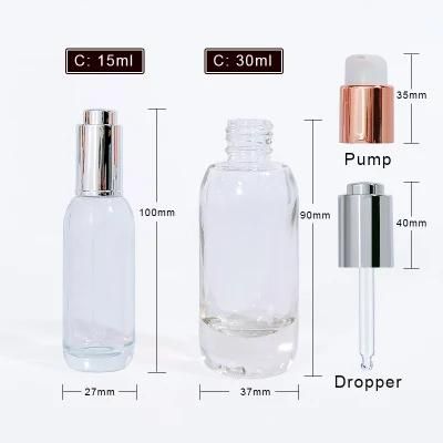 Face Skincare Cosmetic Packaging 15ml 30ml Glass Serum Essential Oil Dropper Bottle with Push Button Cap
