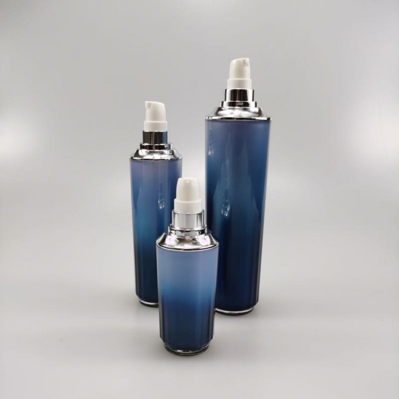 30ml 50ml 90ml Round Blue Acrylic Bottle Cream Serum Bottle with Silver Cap for Essence