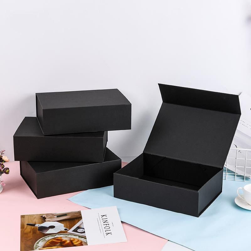 Foldable Magnetic Drop Front Shoe Box Matt Black Gift Box Custom Logo Color Heel Stoppers Women′s Shoes Dresses Wig Hair Package