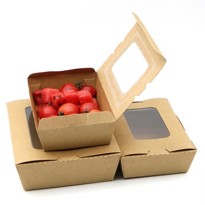 Kraft Paper Lunch Box with Transparent Window Takeaway Salad Fast Food Bento Packaging Box