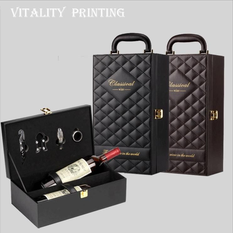 Custom Wholesale Embossed Handle Portable Hot Stamping Heat Transfer Wooden PU Leather Wine Gift Packaging Rum Brandy Gin Vermouth Whisky Liquor Packing Box