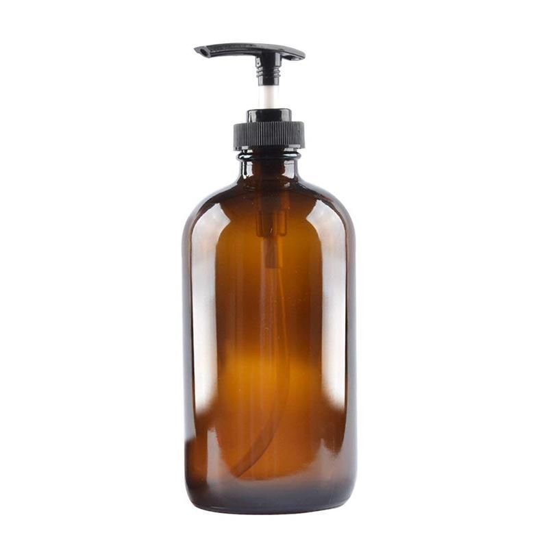 16oz Amber Round Glass Shampoo Bottle with Punp Cap