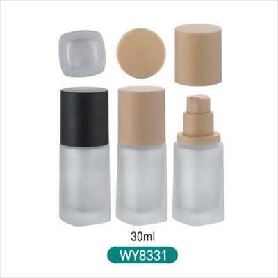 Factory Price Frosted Fancy Round Frosted Glass Foundation Glass Bottle with Plastic Pump 30ml