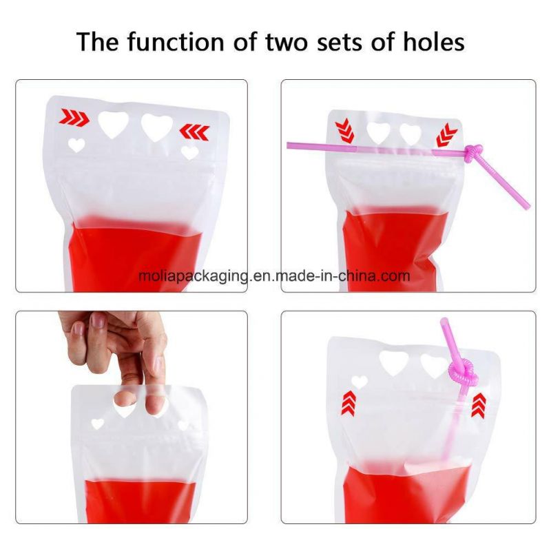 Clear Juice Sealed Drink Pouches Translucent Reclosable Hand Held Stand up Zipper Pouch with Plastic Straw Fruits Juice Plastic Bag