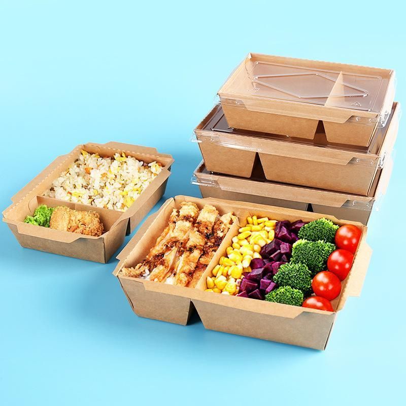 Disposable Takeaway Fast Food Packing Salad Box 2 Compartment Kraft Paper Lunch Box