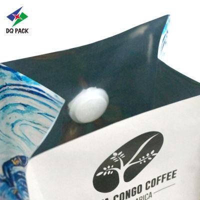 Dq Pack Custom Printed Mylar Bag Custom Logo Plastic Bag Quad-Seal Flat Bottom Bag with Valve for Coffee Packaging