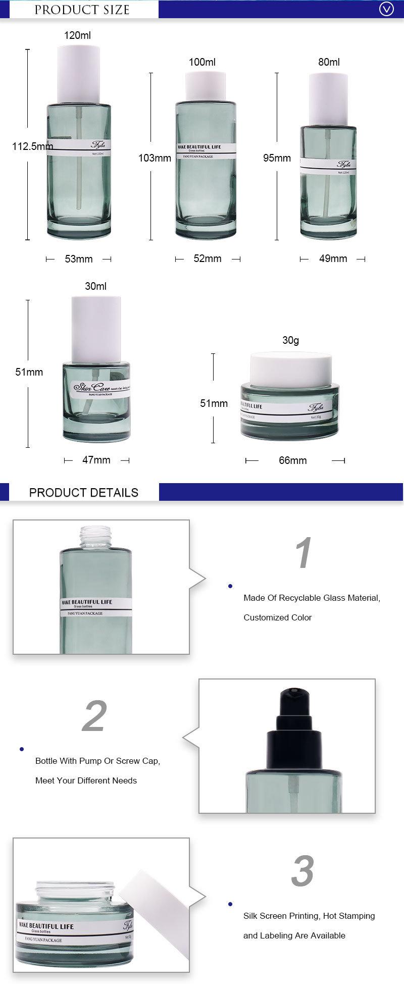 China Factory Glass Cosmetic Packaging 120ml 100ml 80ml 30ml Transparent Lotion Bottle and Jar with Pump or Screw Cover