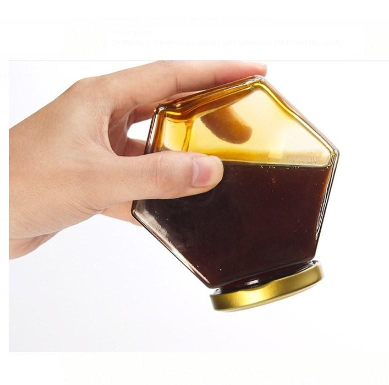 250ml Flat Hexagon Honey Jam Chili Sauce Glass Jars with Metal Lid