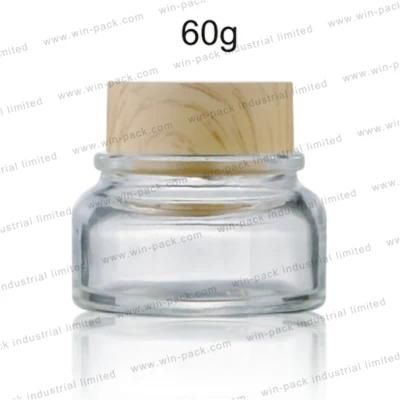 Luxury Clear Glass 60g Cream Jar with Bamboo Cap in High Quality Low Price