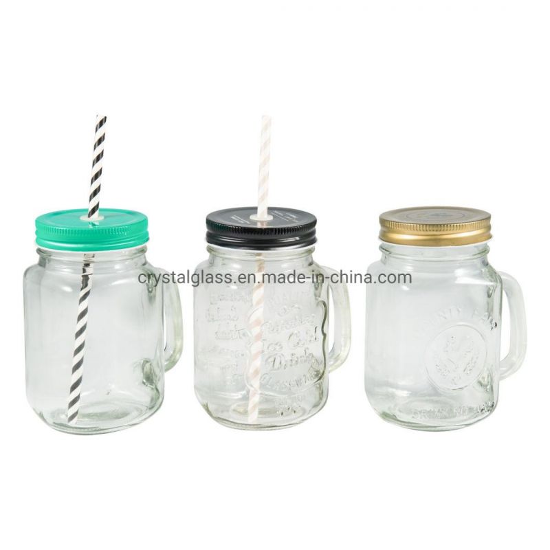 16oz Clear Customs Glass Mason Jar with Handle and Lid