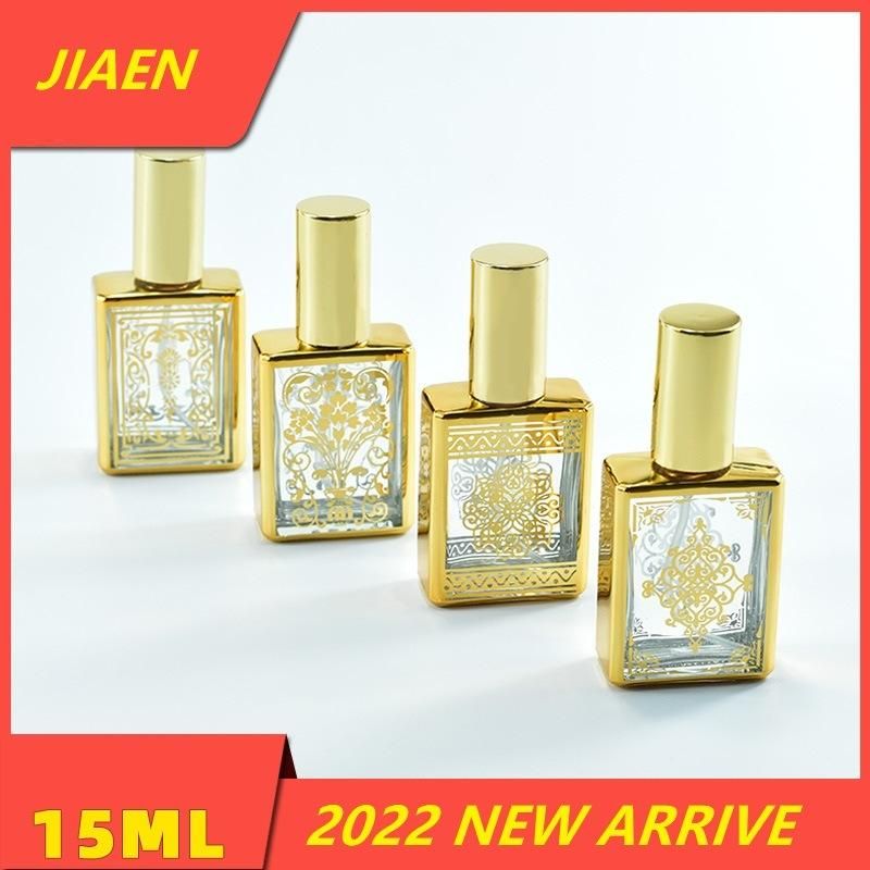 China Wholesale Empty Tranparent 15ml Flint Glassware Square Shape Refillable Perfume Bottle with Gold Stamping Finishing with Spray Atomizer