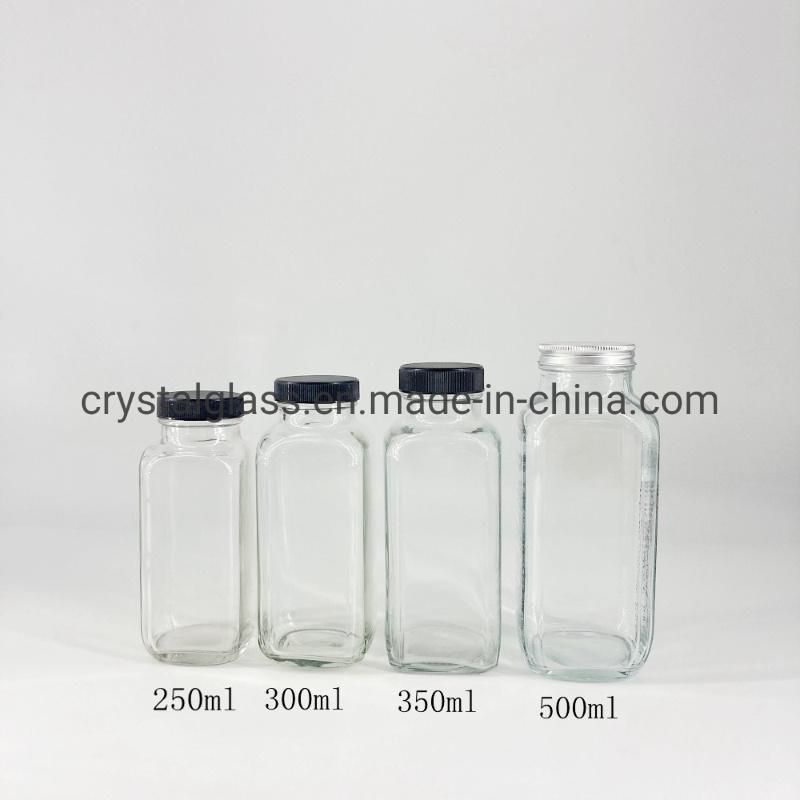 Hot Sale French Square 500ml Juice Glass Bottle with Plastic Cap 1000ml