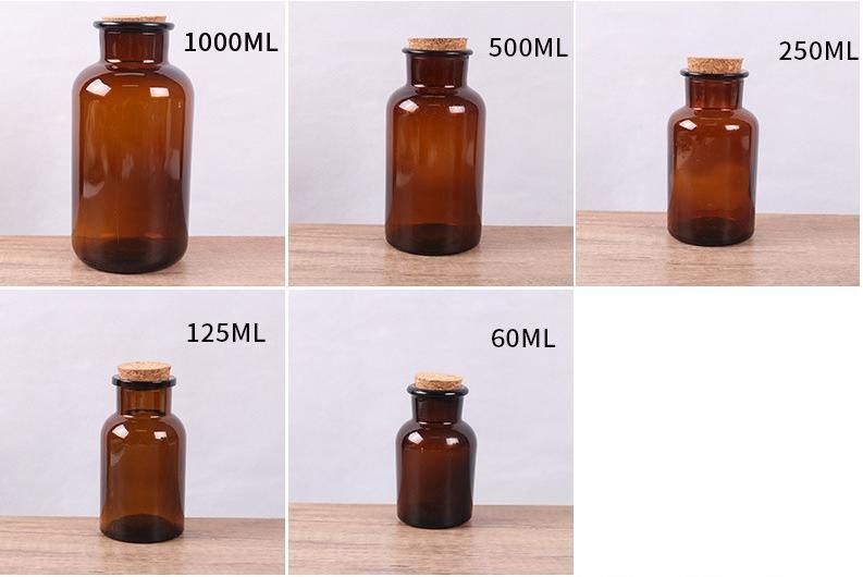 60/125/250/500/1000ml Amber/Transparent Containter with Cork Stopper Glass Bottle