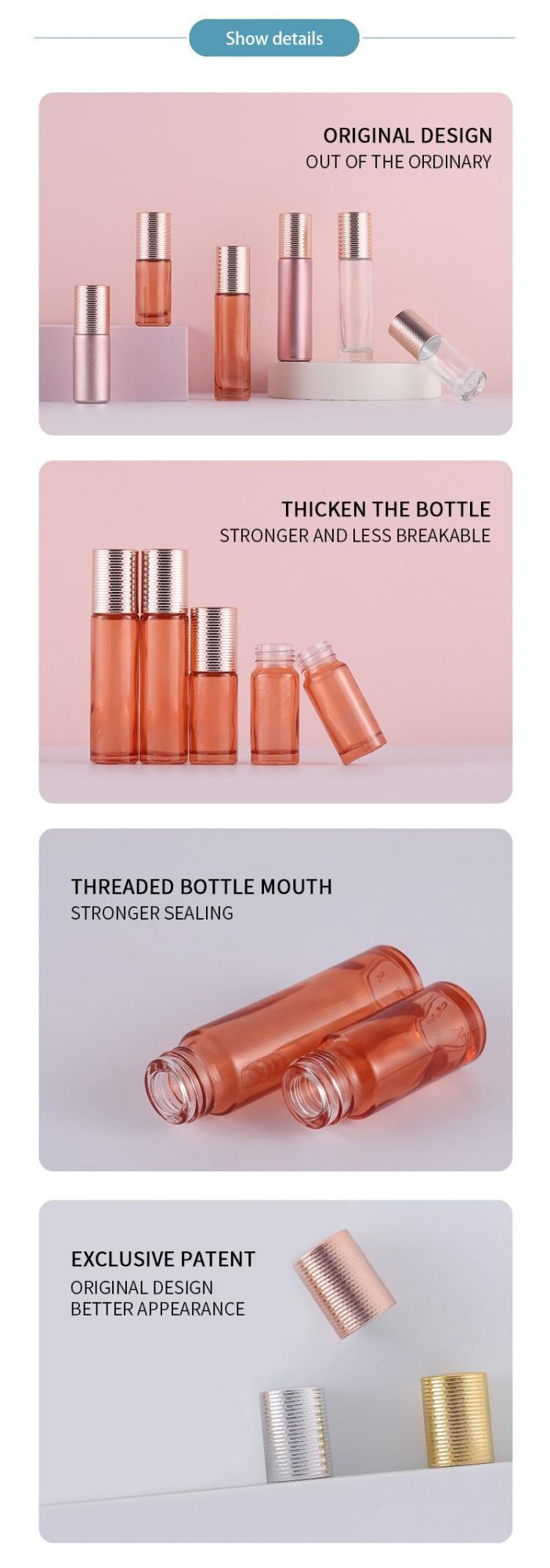 Mini Customized 10ml 5ml Rose Gold Glass Roller Bottle with Steel Roller Ball Perfume Bottle