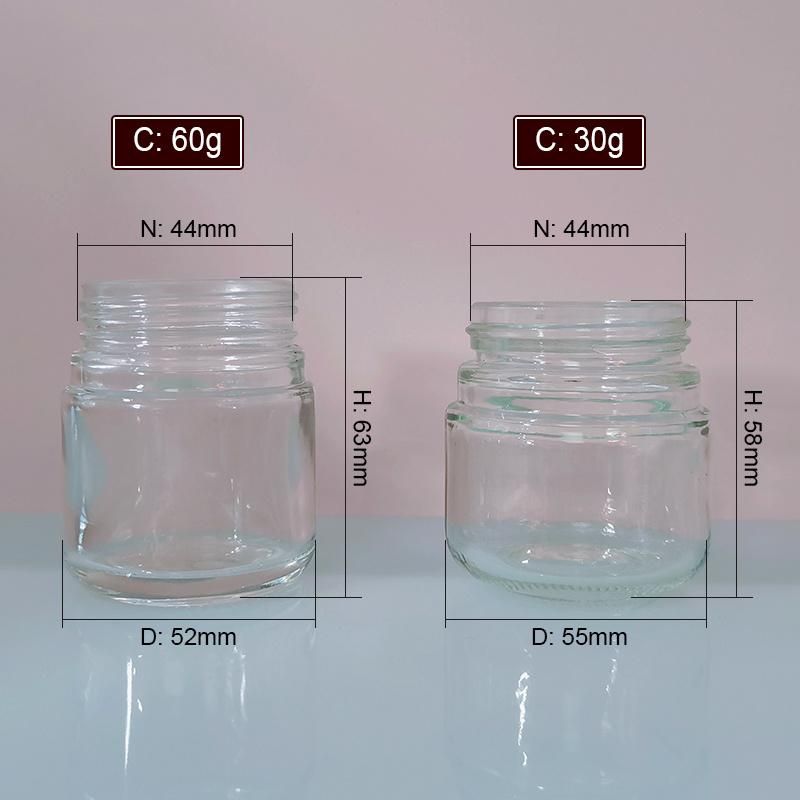 Transparent 30g 60g Glass Cosmetic Jar Child Resistant Body Scrub Face Cream Cosmetic Packaging Container