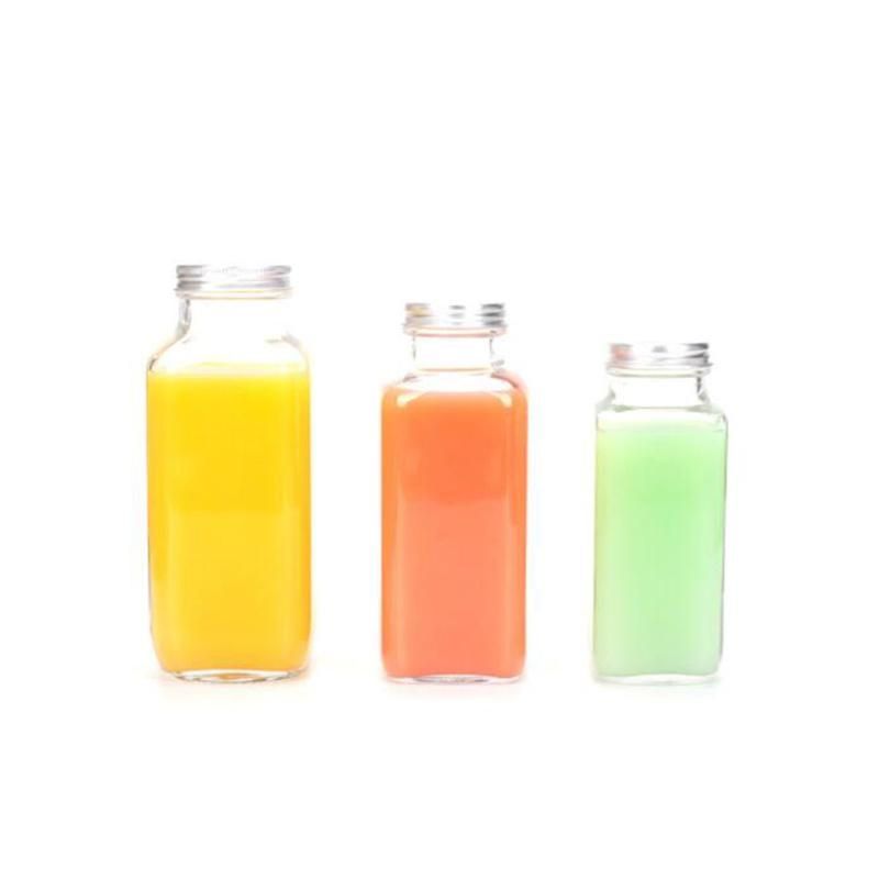 Wholesale Square French Beverage Milk Drinking 300ml Juice Bottle Glass Bottle with Plastic and Metal Cap