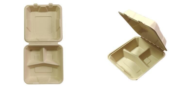 Eco Friendly 8*8 9*9 7*5 Inch 3 Compartments Compostable Bagasse Sugarcane Pulp Disposable Biodegradable Meal Food Box Compostable Clamshell Hamburger Tableware