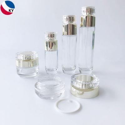 Luxury Cosmetic Packaging Sets Round Thick Bottom 30g 50g 30ml 50ml 100ml Cream Jar Clear Glass Pump Bottle with Gold Pump