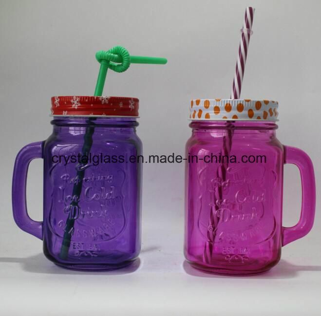 Cactus Glass Mason Jar with Handle and Metal Lid