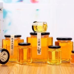 Empty Clear 45ml 100ml 180ml 280ml 380ml 500ml 730ml Hexagonal Honey Honey Jam Pickles Bottle Jar Canning Jar with Metal Lid