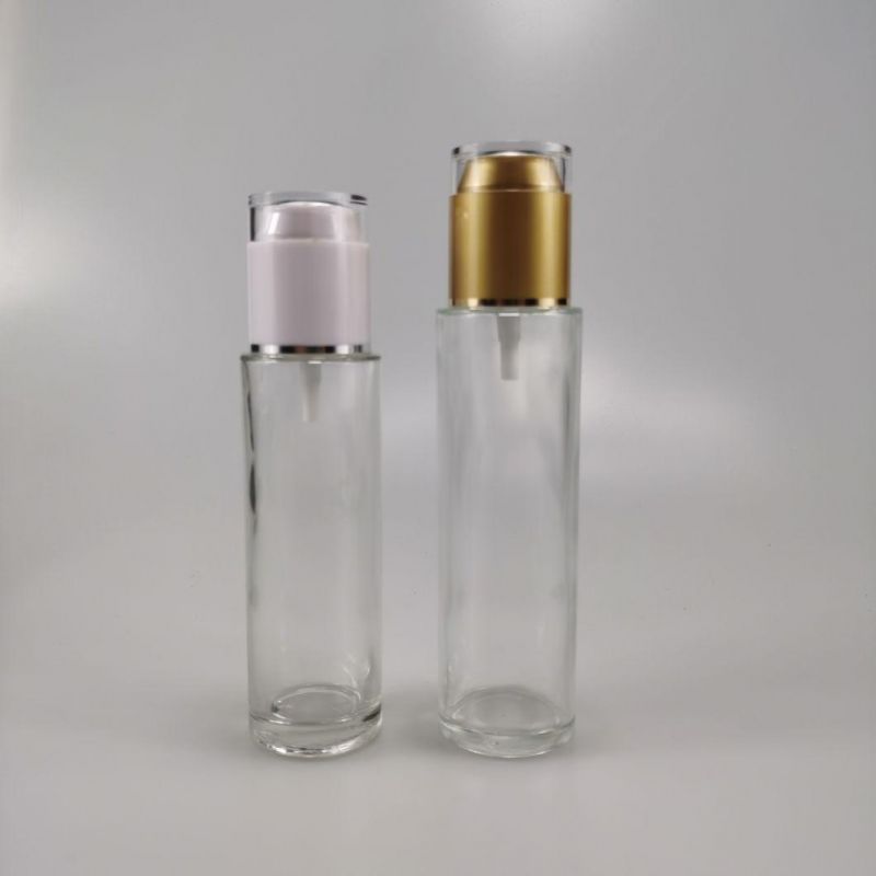 30ml 40ml 50ml 80ml 100ml 120ml Transparent Frosted Cylinder Glass Serum Lotion Bottle with Gold Silver Treatment Pump