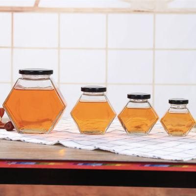 Wholesale 280ml 380ml Hexagon Glass Jam Jar for Honey with Dipper