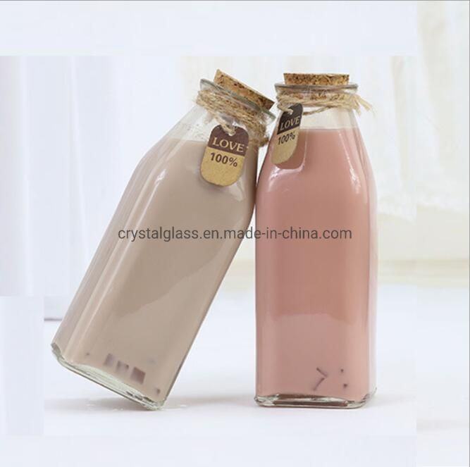 350ml 10oz Custom Logo Printing Glass Square Bottle with Cork for Fresh Milk Juice or Beverage Packing