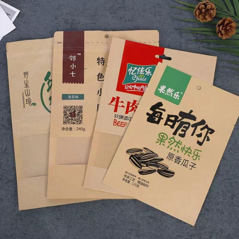 Food Packaging Kraft Paper Bag with See-Through Clear Window and Zipper