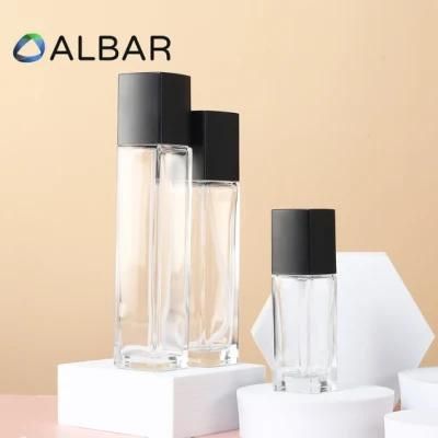 Transparent Slim Square Flat Shoulder Perfume Fragrance Glass Bottles with Black Pumps