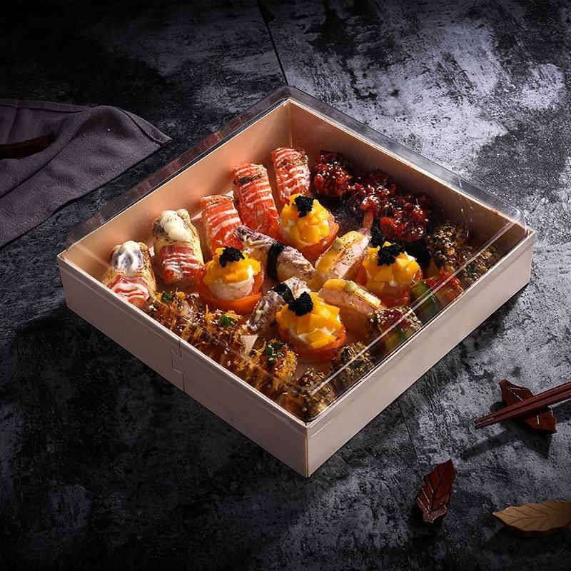 Customized Disposable Japanese Biodegradable Wooden Sushi Fruit Salad Sweet Food Cardboard Packaging Box Packing Container Takeaway Box Tray