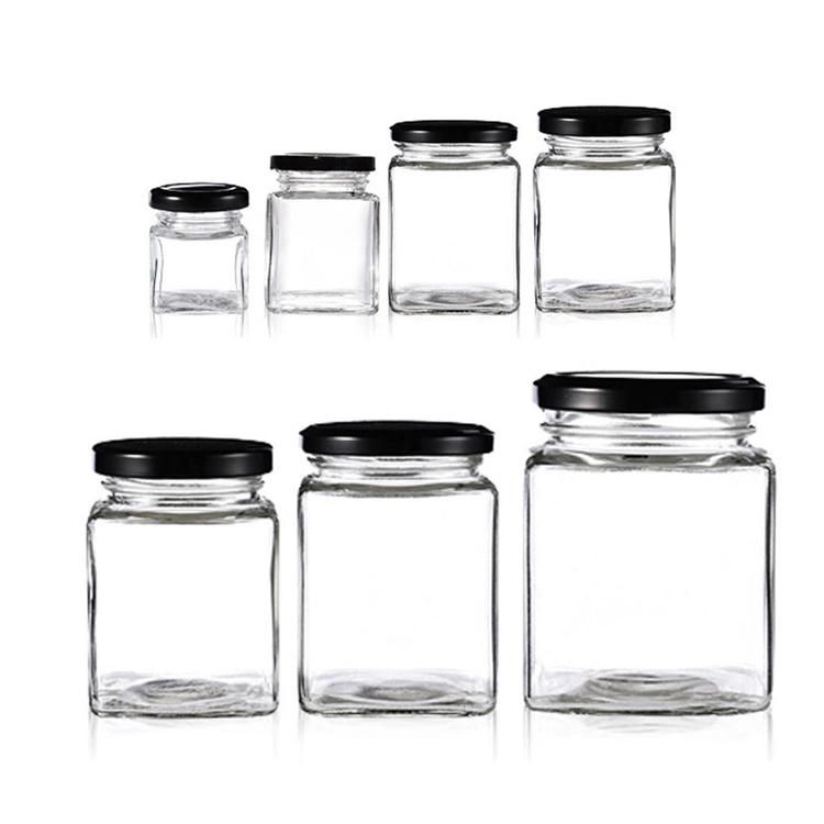 Wholesale Empty Clear Glass Food Honey Pickle Jam Square Glass Package Jar with Sealing Lid