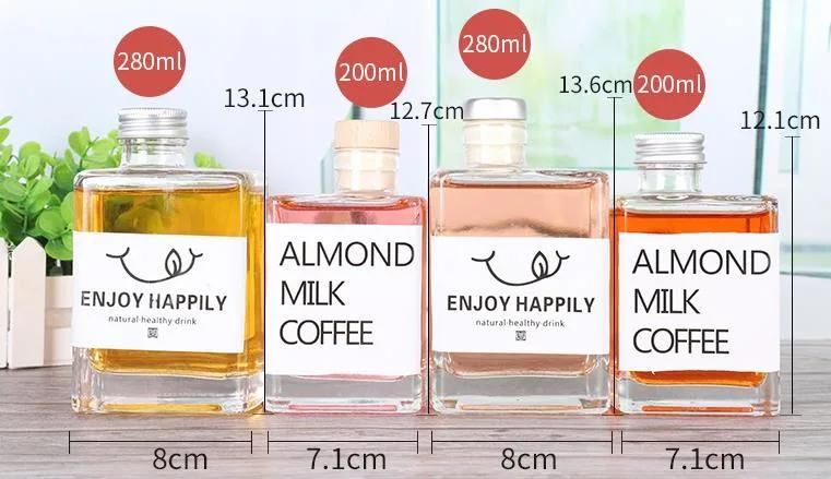 Square 200ml 280ml Coffee Glass Milk Tea Bottle with Cork Stopper