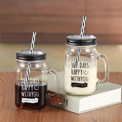 480ml glass drinking mason jar with straw and carving